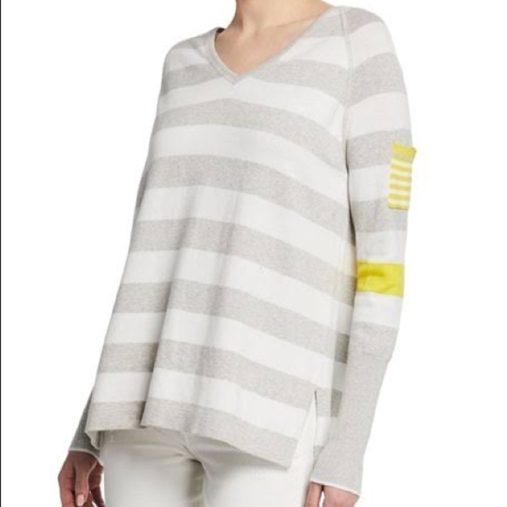 𝅺guc Beach Stripe V-Neck Raglan-Sleeve white gray yellow Sweater M